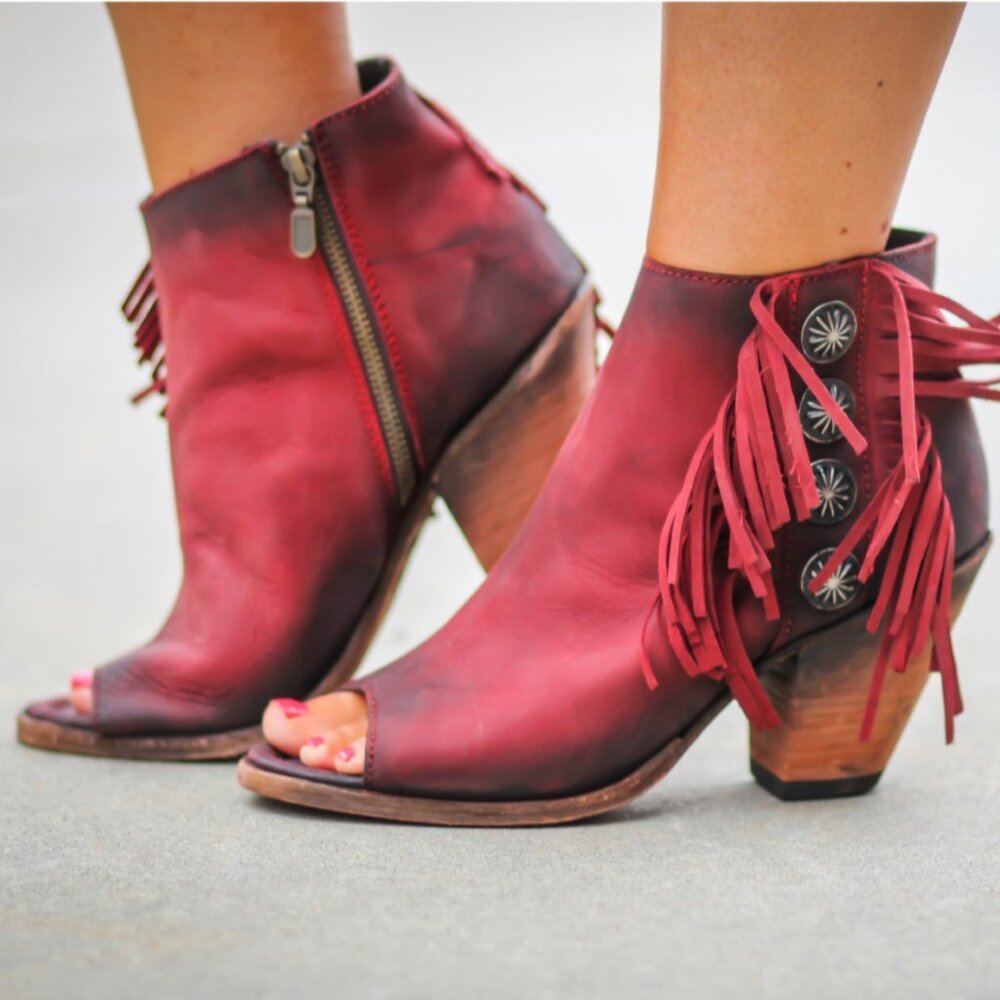 Women's Liberty Black Rojo Concho Fringe Peep Toe Booties